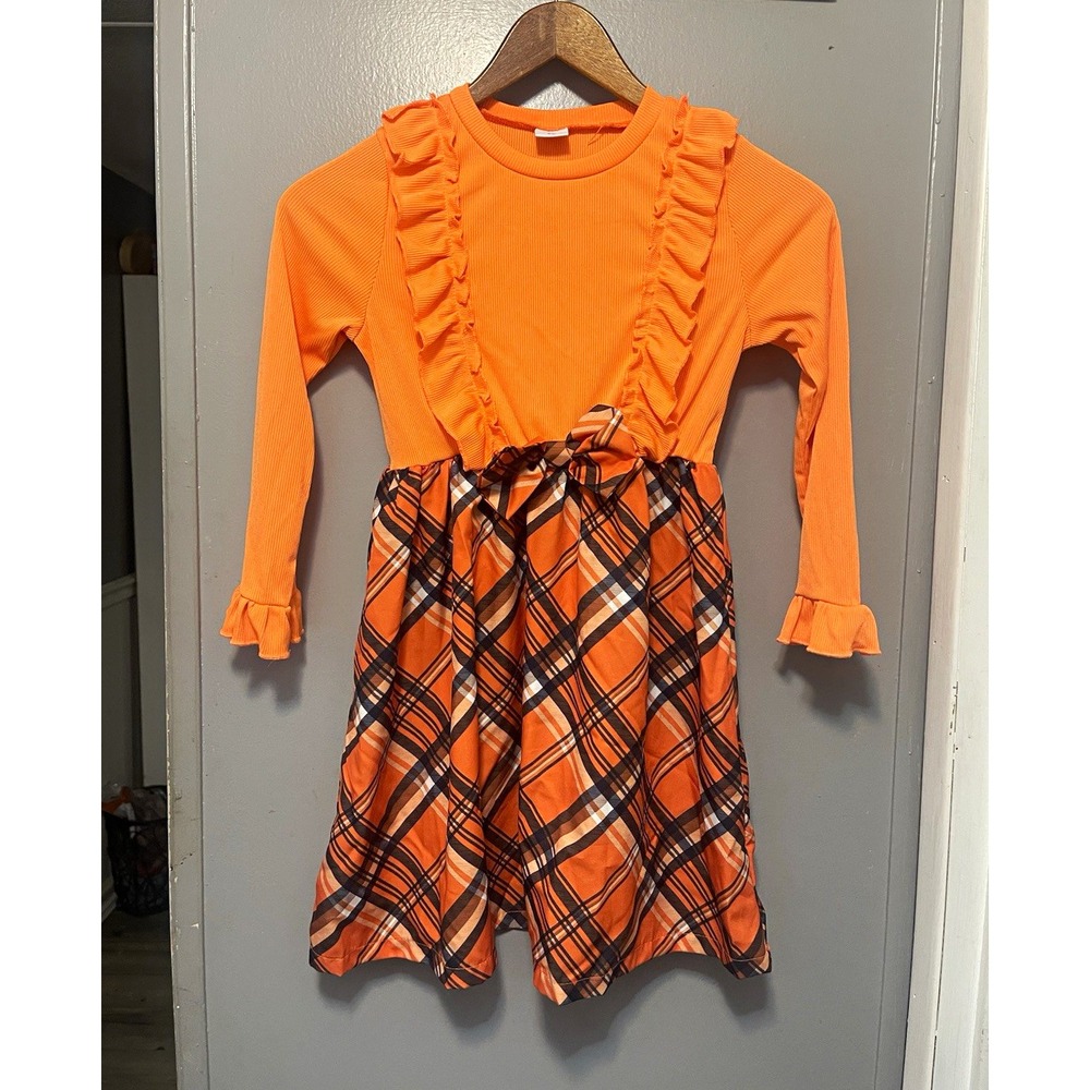 Girls Orange Plaid Overall Dress Ruffle Long Sleeve Knee Length Size 7Y